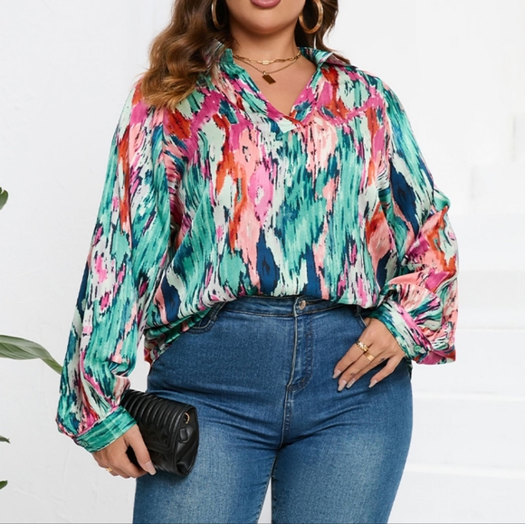 Taylor Curvy Printed Canvas Blouse - Teal - Picture 6 of 6
